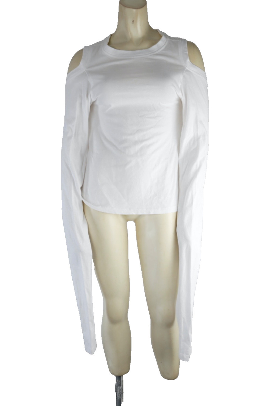 T Alexander Wang Top M White Cotton Cold Shoulder Extra Long Sleeve Knit Tee